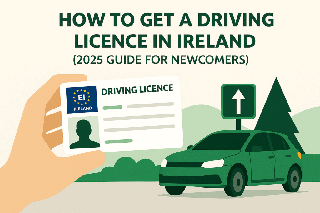 Flat design illustration of an Irish driving licence guide with car, road sign, and licence card for newcomers in Ireland 2025